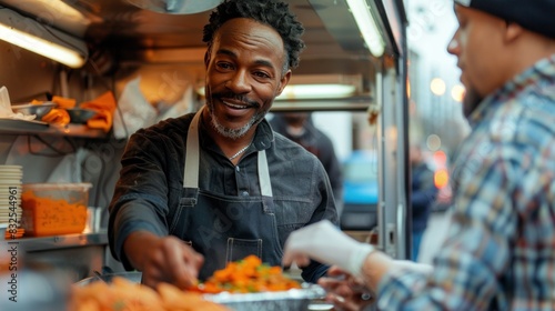 An African-American food truck owner serves a meal to a male customer. A modern concept for a business that offers takeout options Food truck catering