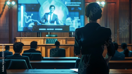A female lawyer in a suit, confidently presenting her case in front of a jury. Behind her, a large screen displays key evidence, and the courtroom is filled with attentive spectators.