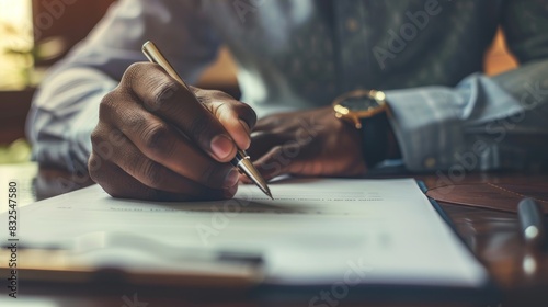 A close-up of a person's hands holding a pen, signing a contract, or taking notes can be used to demonstrate dedication and action in the business world.