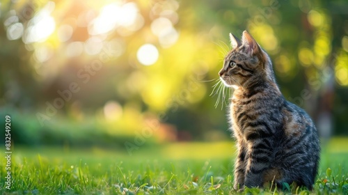 Tabby Cat Sitting in Park with Blurred Background and Empty Space on Right