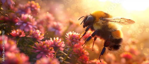 A chubby bumblebee buzzing among vibrant flowers