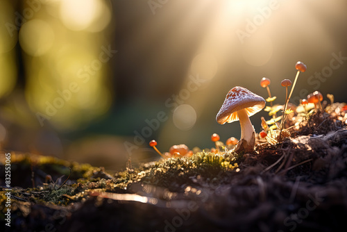 Beautiful mushroom on the sunny bump. Fairytale background with mystic mushroom.