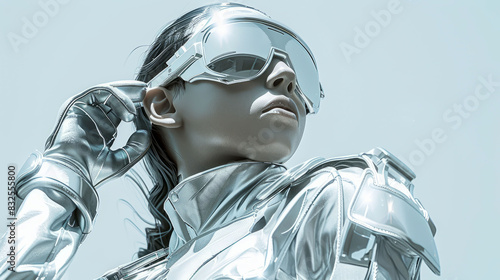 Cyberpunk portrait: A woman in a glowing space helmet. 
