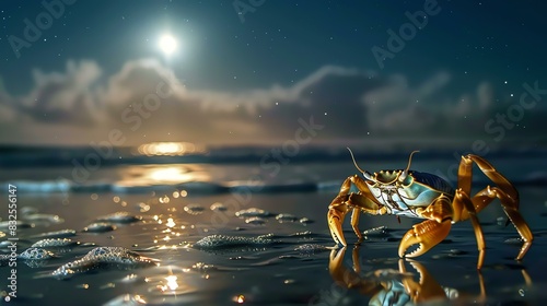 The crab is walking on the beach at night. The moon is shining brightly and the waves are gently lapping at the shore.