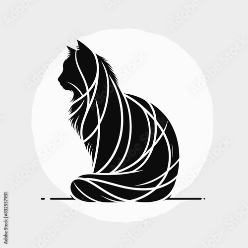 Stylized Illustration Norwegian Forest Cat, Black and White, Abstract Design, Pet Art