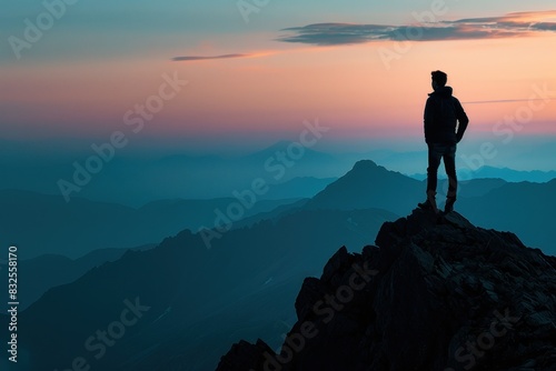 Silhouette of a business professional contemplating on a mountain peak, captured in close-up. The stark contrast between the individual and the scenic background highlights the solitude and