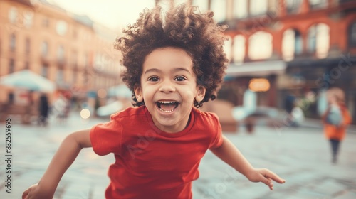 happy dark-skinned, curly-haired African-American boy in a red shirt runs through the town square.