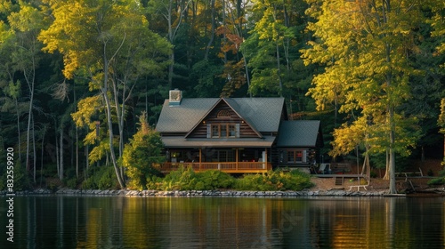 A serene lakeside cabin with earth-tone exterior, surrounded by trees in shades of green and brown
