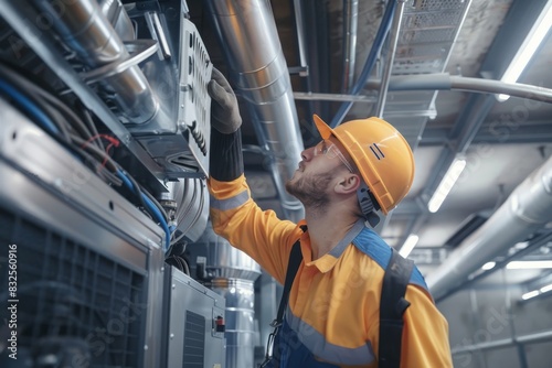 an HVAC technician in an orange uniform and safety helmet inspecting an air conditioning unit