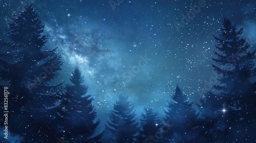 A serene night sky over a forest, with the stars shining brightly through the trees and creating a magical scene
