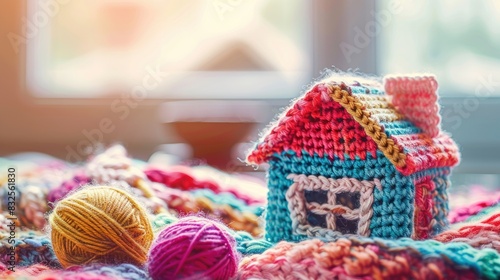 Colorful Knitted House in a Bed of Yarn