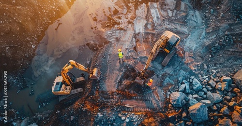 Aerial view of an industrial construction site with two workers wearing yellow safety helmets and orange ear muffs standing in front of three excavators working on the ground,