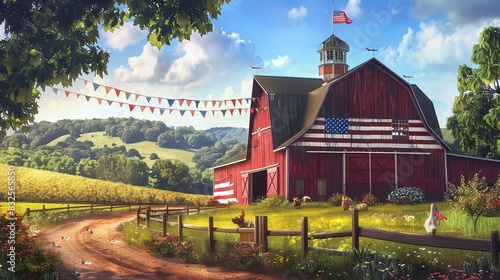 Picturesque rural scene with a red barn decorated with American flags, surrounded by green fields, trees, and a dirt road under a blue sky.