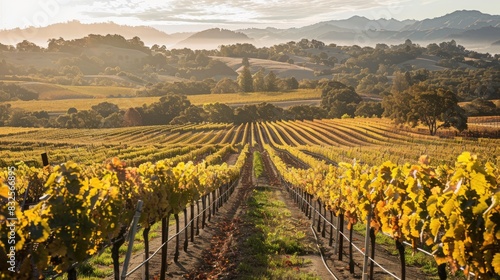 A stunning view of a vineyard in the fall, with grapevines turning golden brown under a warm sun