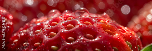 Closeup of a ripe strawberry texture, bright red with seeds, dewy surface 