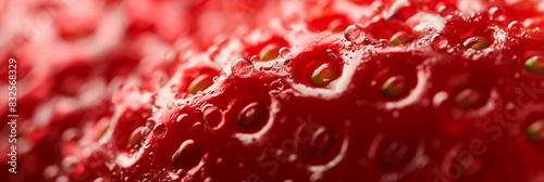 Closeup of a ripe strawberry texture, bright red with seeds, dewy surface 
