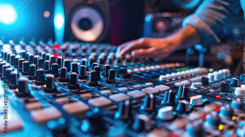 Sound engineer. DJ mixing music at a nightclub, with a focus on hands operating