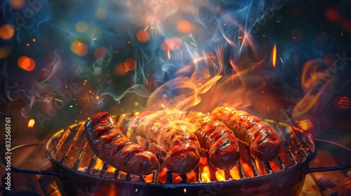 Sausages grilled on hot charcoal grill with fragrant smoke rising up along with delicious colors and an outdoor grilling atmosphere.