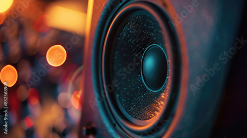 A detailed view captured a speaker in sharp focus against