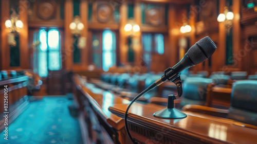 A courtroom designed for legal proceedings, with a microphone for speeches
