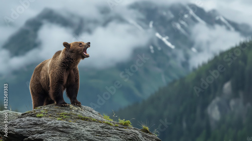 Grizzly bear roaring on a rocky outcrop, majestic mountains in the background 