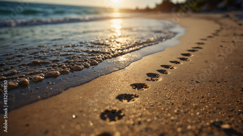 footprints on the beach and sunset