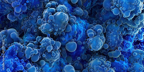 Cobalt Blue Bacterial Biofilm Matrix: Detailed microscopic examination of cobalt blue-colored bacterial biofilm structures, showcasing matrix composition