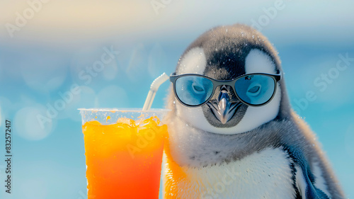 Cool penguin with cold drink at south pole , global warming concept .