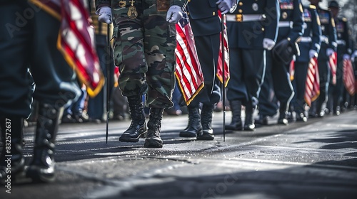 The image shows the lower body of a group of soldiers marching in formation. They are wearing black boots and carrying American flags.