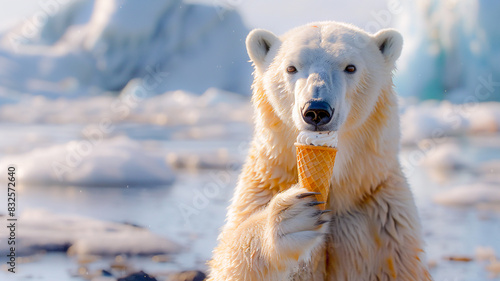 Polar bear eating ice cream at south pole with melting iceberg on background , global warming concept .