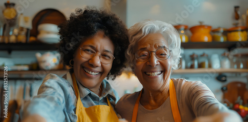 Selfie, laughter and a pair of elderly friends joyous in a kitchen setting, preparing food, baking, and capturing their happy moments together 