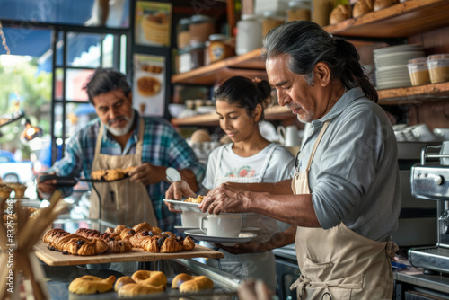 a Hispanic family working together in a local caf√©, preparing coffee and pastries