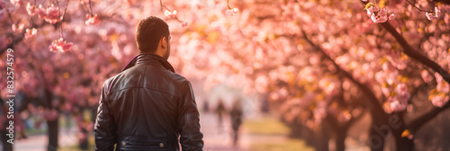 Trendy pedestrian with a leather jacket walking under blooming cherry blossoms in a park 
