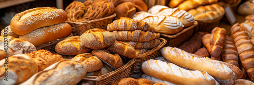 Variety of gourmet breads in a French bakery, neatly stacked, charming rustic decor 