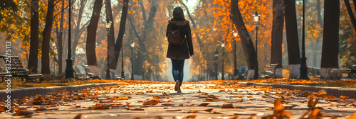 Wide angle of a pedestrian in fashionable attire walking along a park pathway, autumn leaves 