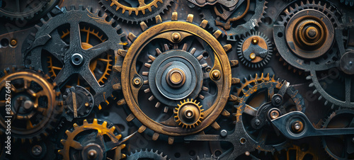 Intricate clockwork mechanism, complex gears, vintage machinery, front view, illustrating precision engineering, technology tone, Analogous Color Scheme.