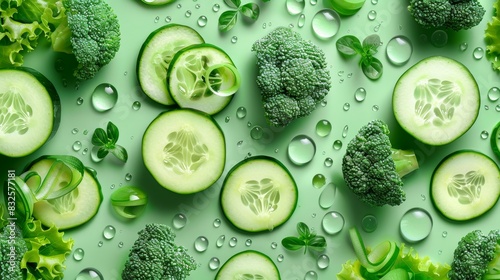 3D image style, vegetable ingredients broccoli and cucumbers, on green background, flat lay, healthy eating KETO concept, banner