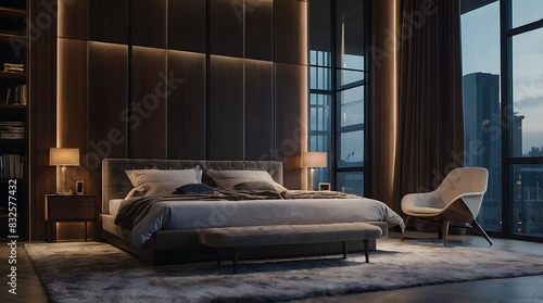 modern and minimal bedroom interior design, contemporary interior design, 3D render, cinematic lighting