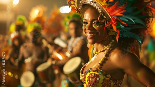 Vibrant scene of carnival dancers in motion with elaborate colorful costumes, embodying the festive spirit and cultural celebration