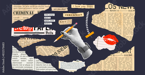 Vector torn newspaper sheet elements for scrapbooking. Old paper pieces with ripped edges. Vector collage elements. Halftone gesture hand holding a pencil.