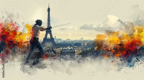 watercolor illustration, Summer Olympic Games in Paris, fencing, fencer with a rapier against the backdrop of the Eiffel Tower, landmarks and city panorama, free space for text