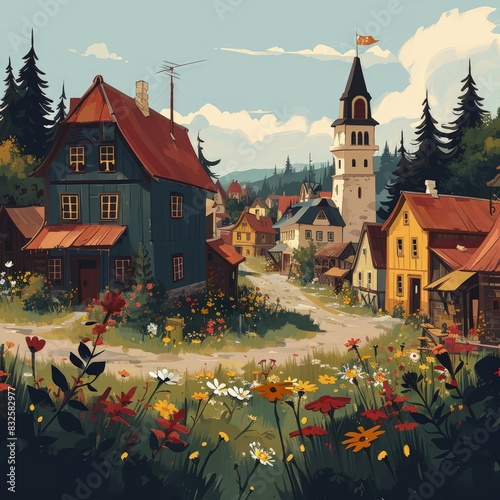 eastern european village house with a big garden, flowers in the garden, cuphead style, flat vector illustration