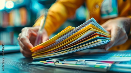 Close-up of a person organizing colorful folders and papers in an office environment, highlighting administrative and clerical tasks.