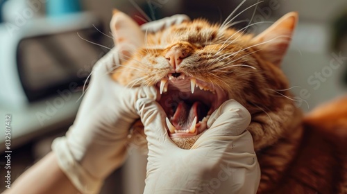 Veterinarian examines a cat s teeth in a close up at a veterinary clinic