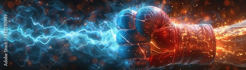 Dynamic image of a boxing glove lit with electric and fiery effects, symbolizing power, energy, and intensity in sports and competition.