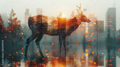 Stunning double exposure of a majestic deer with an urban cityscape at sunrise, blending nature and modernity beautifully.