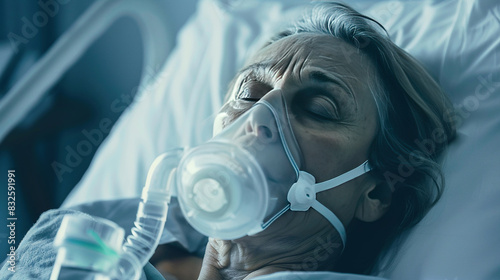 an elderly woman in an oxygen mask lies in a hospital