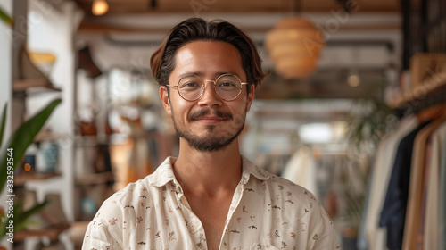 portrait of young hipster business owner wearing vintage clothing in front of his second-hand fashion store