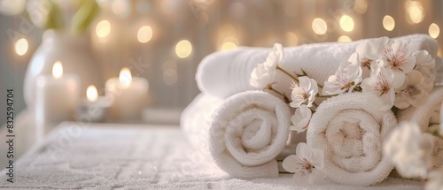 Spa background towel bathroom white luxury concept massage candle bath. towel relax aromatherapy flower accessory zen therapy aroma beauty setting table salt oil