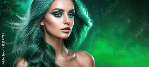 Spectacular girl model with long, deep green hair and contrasting bright makeup poses for a colorful and impressive photo shoot